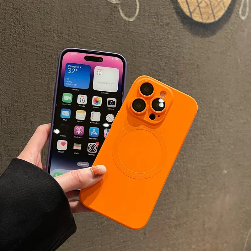 For iPhone 15 Pro Max Case Compatible with MagSafe Liquid Silicone Phone Cover with Tempered Glass Lens Protector - Orange - 11