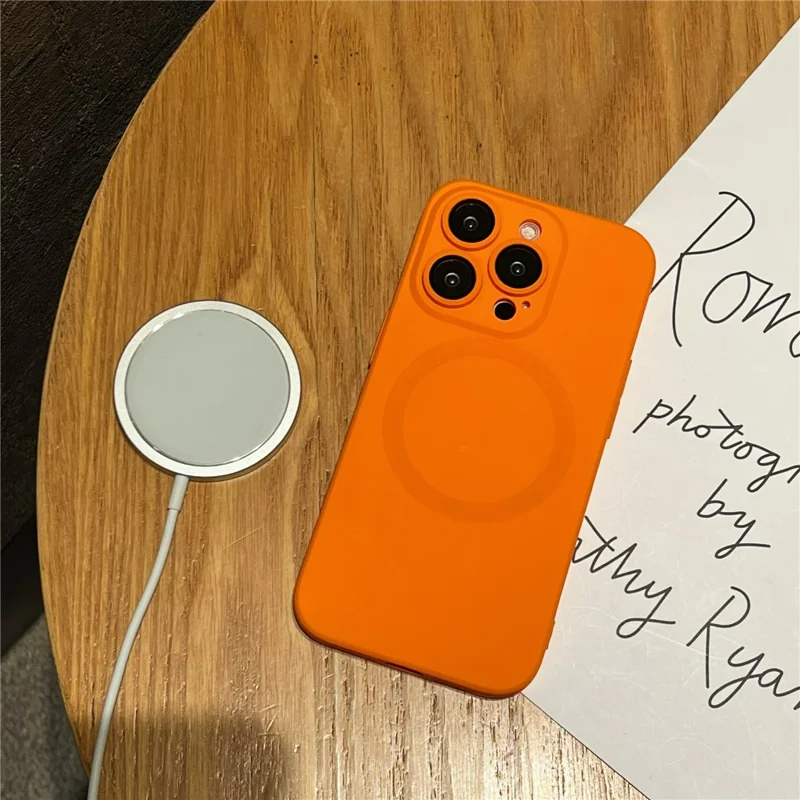 For iPhone 15 Pro Max Case Compatible with MagSafe Liquid Silicone Phone Cover with Tempered Glass Lens Protector - Orange - 4