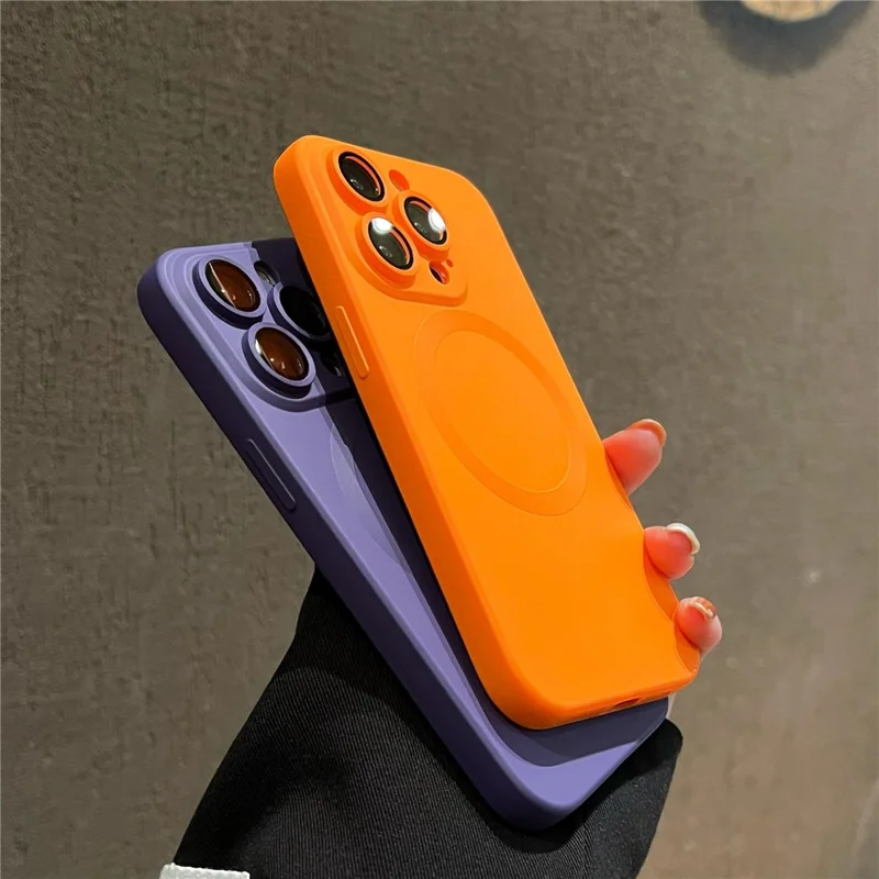 For iPhone 15 Pro Max Case Compatible with MagSafe Liquid Silicone Phone Cover with Tempered Glass Lens Protector - Orange - 7