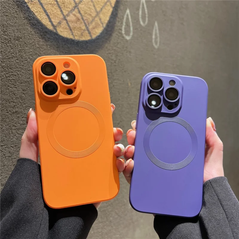 For iPhone 15 Pro Max Case Compatible with MagSafe Liquid Silicone Phone Cover with Tempered Glass Lens Protector - Orange - 8