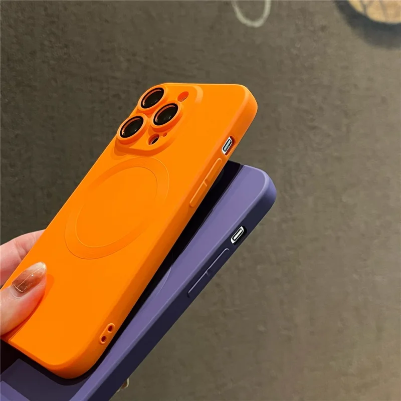 For iPhone 15 Pro Max Case Compatible with MagSafe Liquid Silicone Phone Cover with Tempered Glass Lens Protector - Orange - 9