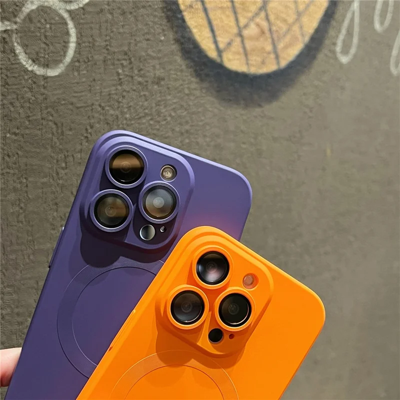 For iPhone 15 Pro Case Compatible with MagSafe Liquid Silicone Phone Cover with Tempered Glass Lens Protector - Orange - 12