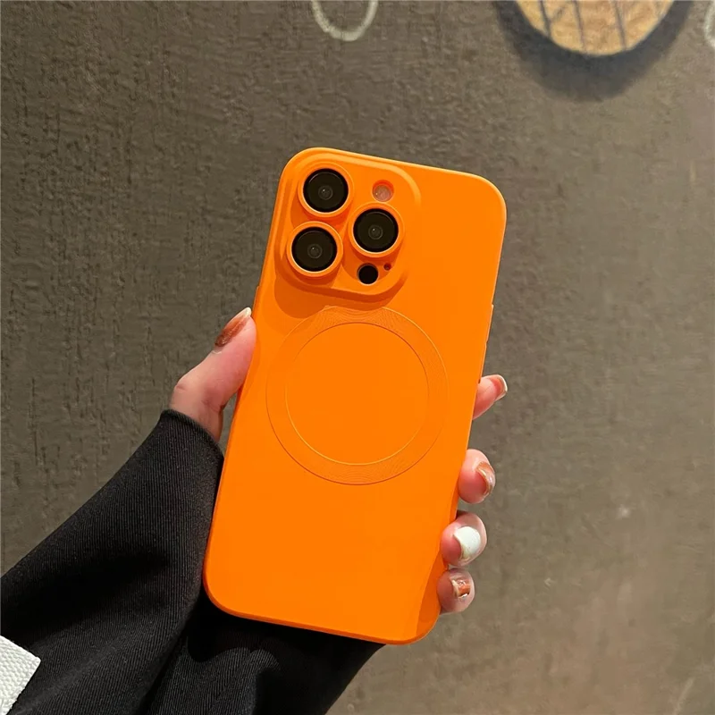 For iPhone 15 Pro Case Compatible with MagSafe Liquid Silicone Phone Cover with Tempered Glass Lens Protector - Orange - 2