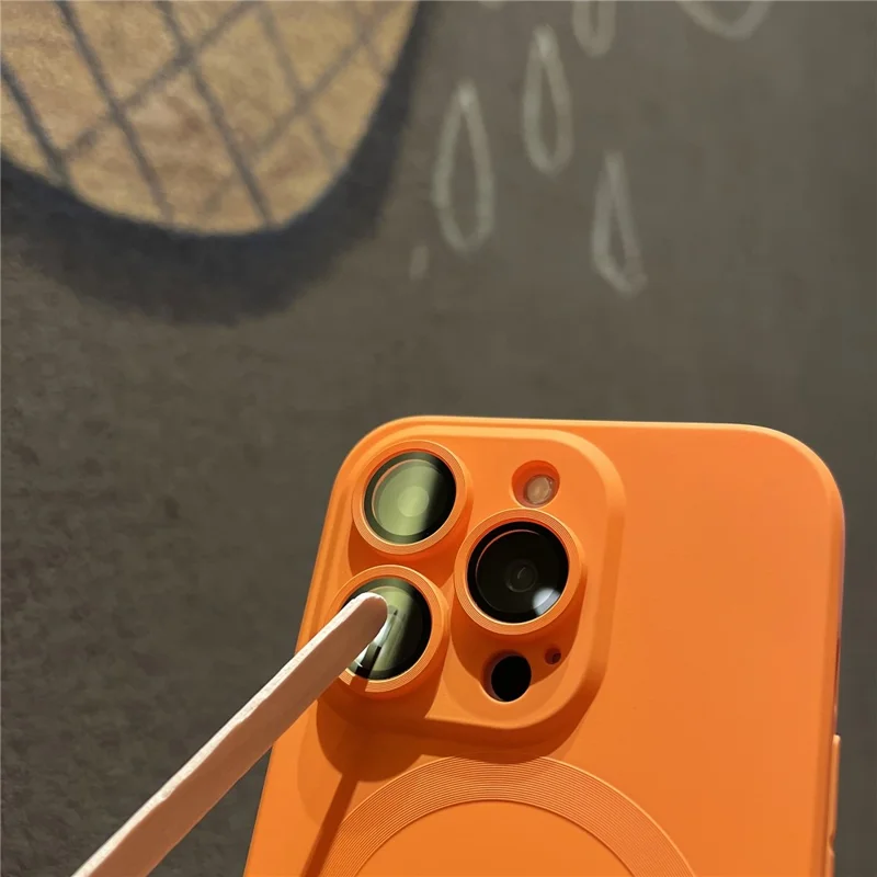 For iPhone 15 Pro Case Compatible with MagSafe Liquid Silicone Phone Cover with Tempered Glass Lens Protector - Orange - 5