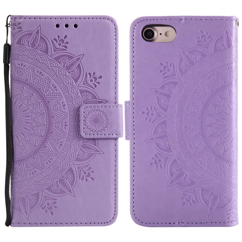 For iPhone 17e / 16e Stand Case Imprinted Totem PU Leather Wallet Phone Cover - Purple - 1