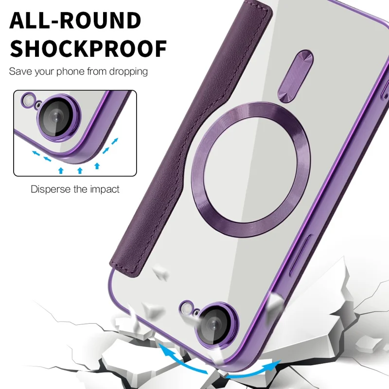 For iPhone 17e / 16e Case Compatible with MagSafe RFID Blocking Leather Phone Cover - Dark Purple - 5
