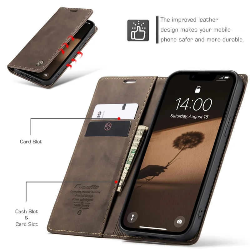 CASEME For iPhone 17e / 16e Wallet Case 013 Series PU Leather Phone Cover Stand - Coffee - 10