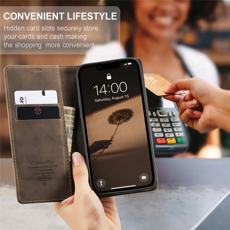 CASEME For iPhone 17e / 16e Wallet Case 013 Series PU Leather Phone Cover Stand - Coffee - 11