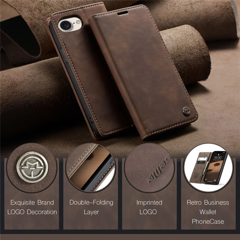 CASEME For iPhone 17e / 16e Wallet Case 013 Series PU Leather Phone Cover Stand - Coffee - 12