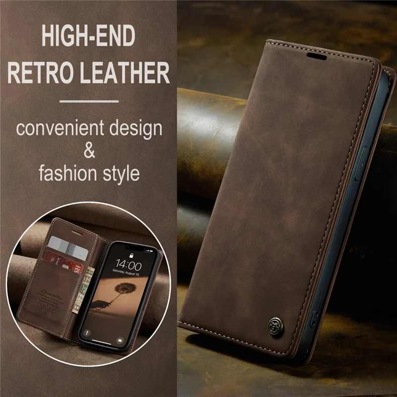 CASEME For iPhone 17e / 16e Wallet Case 013 Series PU Leather Phone Cover Stand - Coffee - 5
