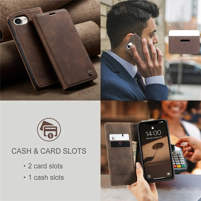 CASEME For iPhone 17e / 16e Wallet Case 013 Series PU Leather Phone Cover Stand - Coffee - 6