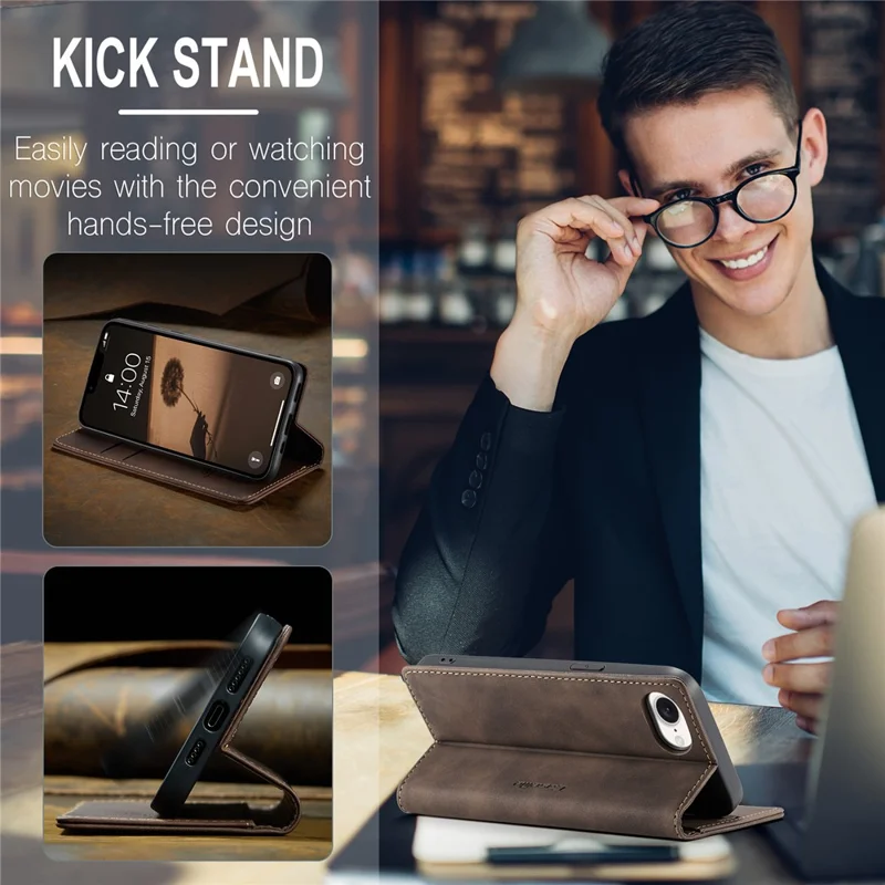 CASEME For iPhone 17e / 16e Wallet Case 013 Series PU Leather Phone Cover Stand - Coffee - 7