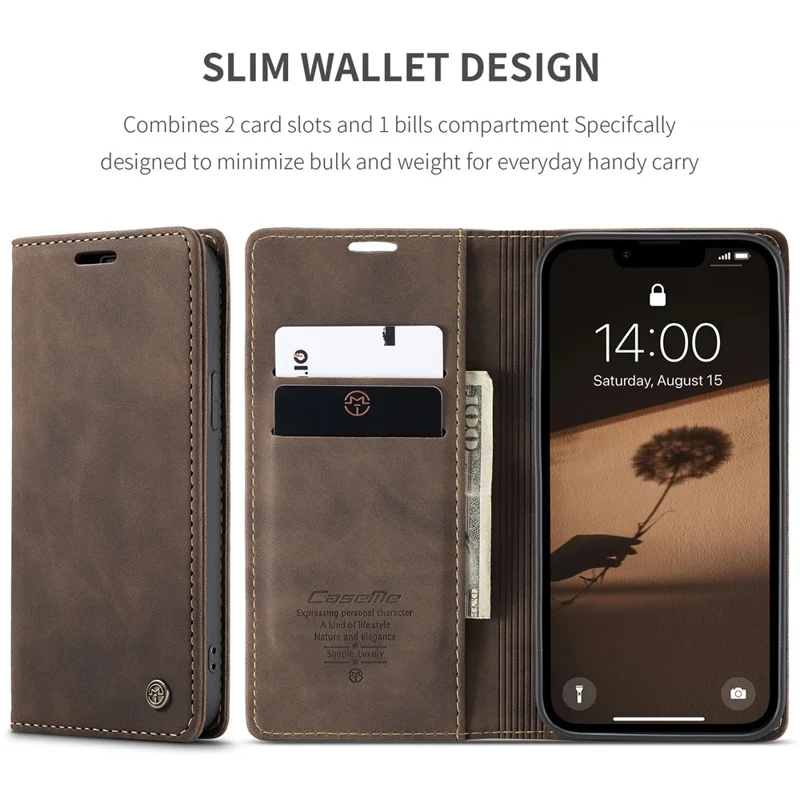 CASEME For iPhone 17e / 16e Wallet Case 013 Series PU Leather Phone Cover Stand - Coffee - 9