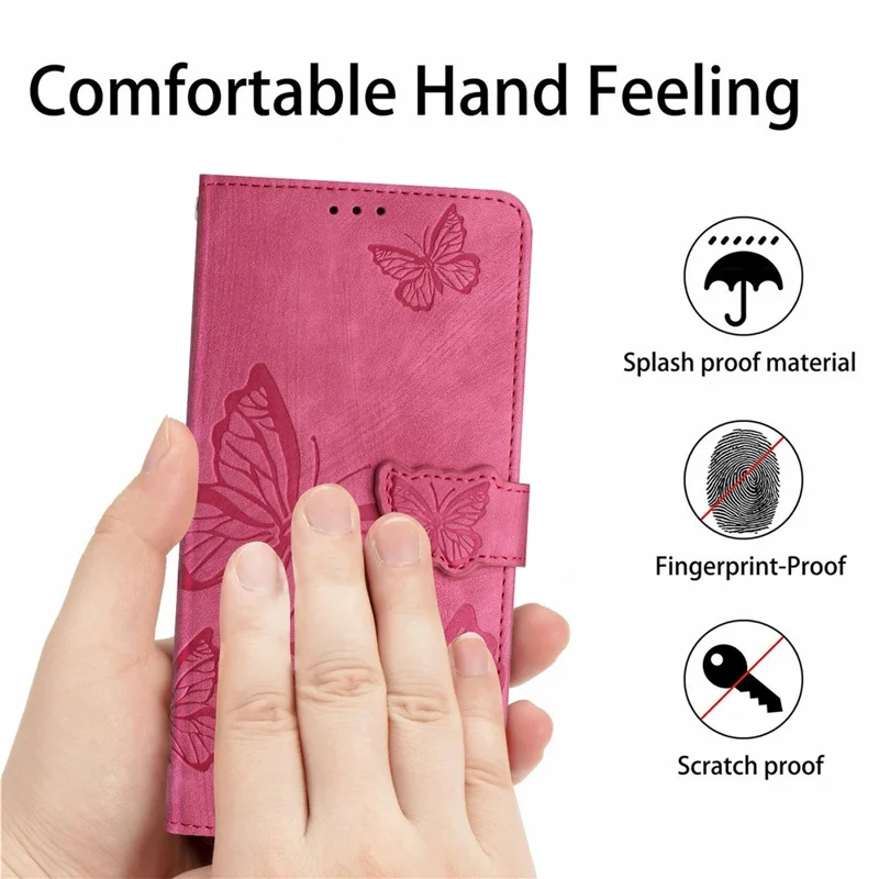 For iPhone 17e / 16e Case Butterfly Design Flip Wallet Leather Phone Cover Skin-Touch - Rose - 4