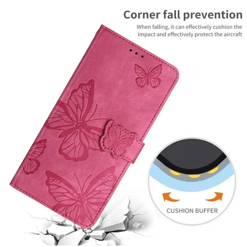 For iPhone 17e / 16e Case Butterfly Design Flip Wallet Leather Phone Cover Skin-Touch - Rose - 5