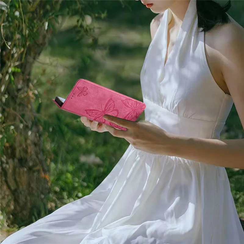 For iPhone 17e / 16e Case Butterfly Design Flip Wallet Leather Phone Cover Skin-Touch - Rose - 6