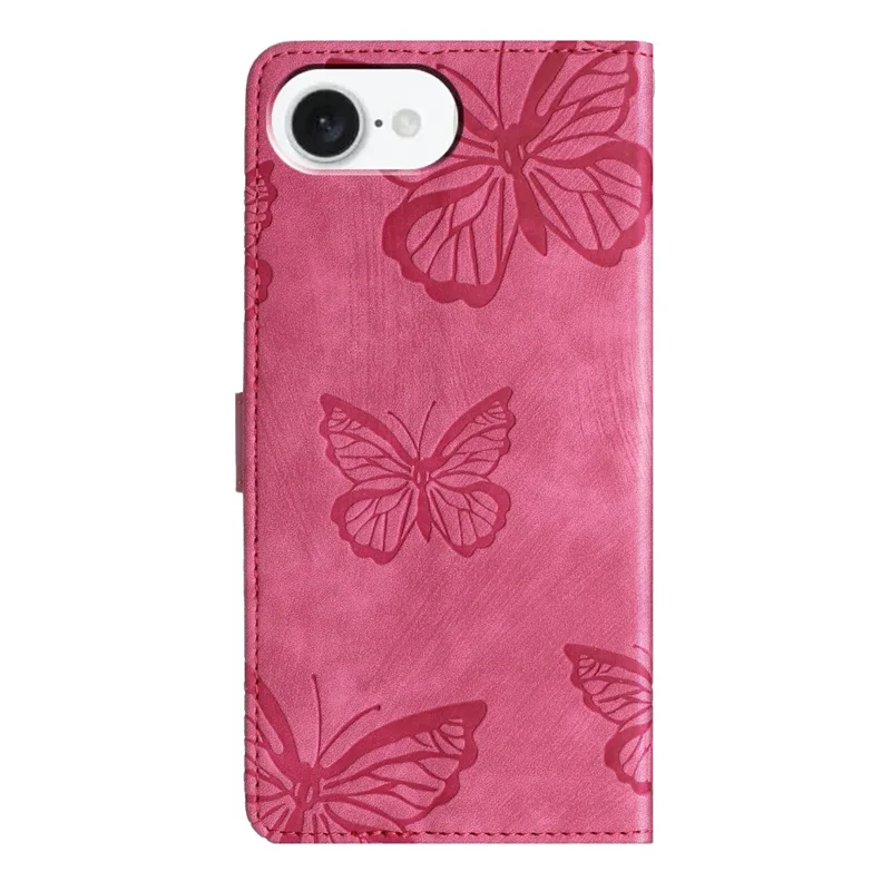 For iPhone 17e / 16e Case Butterfly Design Flip Wallet Leather Phone Cover Skin-Touch - Rose - 8