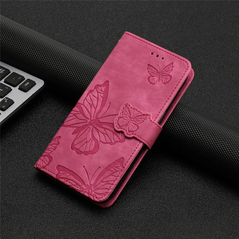 For iPhone 17e / 16e Case Butterfly Design Flip Wallet Leather Phone Cover Skin-Touch - Rose - 9