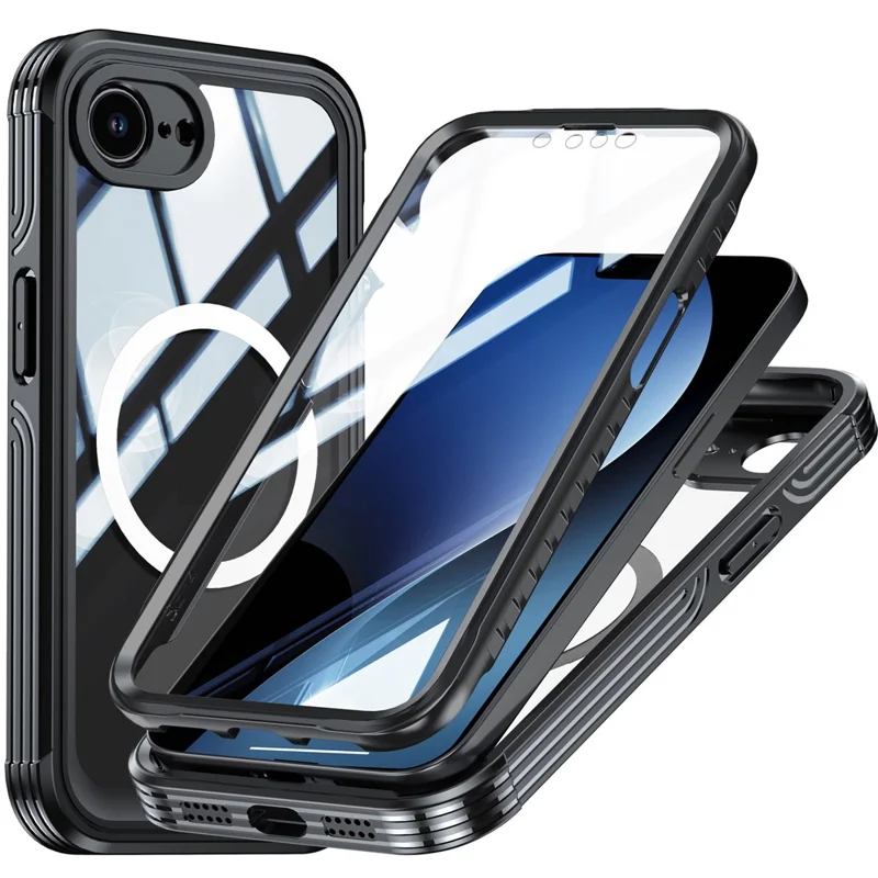 For iPhone 17e / 16e Compatible with MagSafe Case PC+TPU Phone Cover with Tempered Glass Screen Film - Black - 1