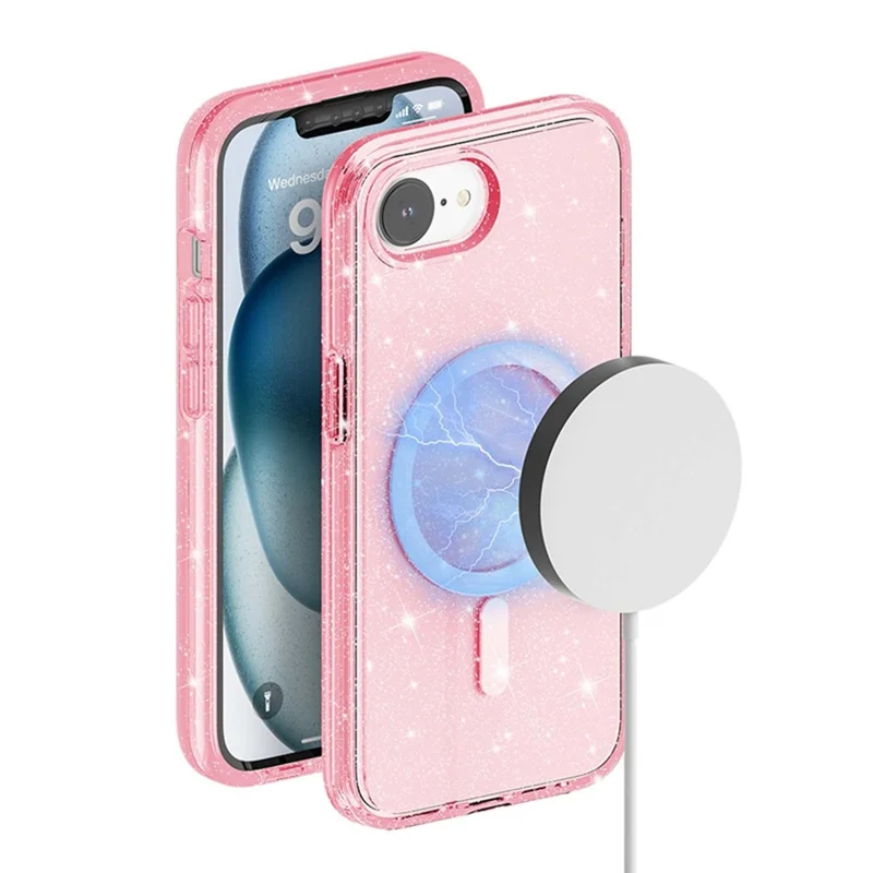 For iPhone 17e / 16e Magnetic Case Support Wireless Charging Glitter Powder PC + TPU Phone Cover - Pink - 1
