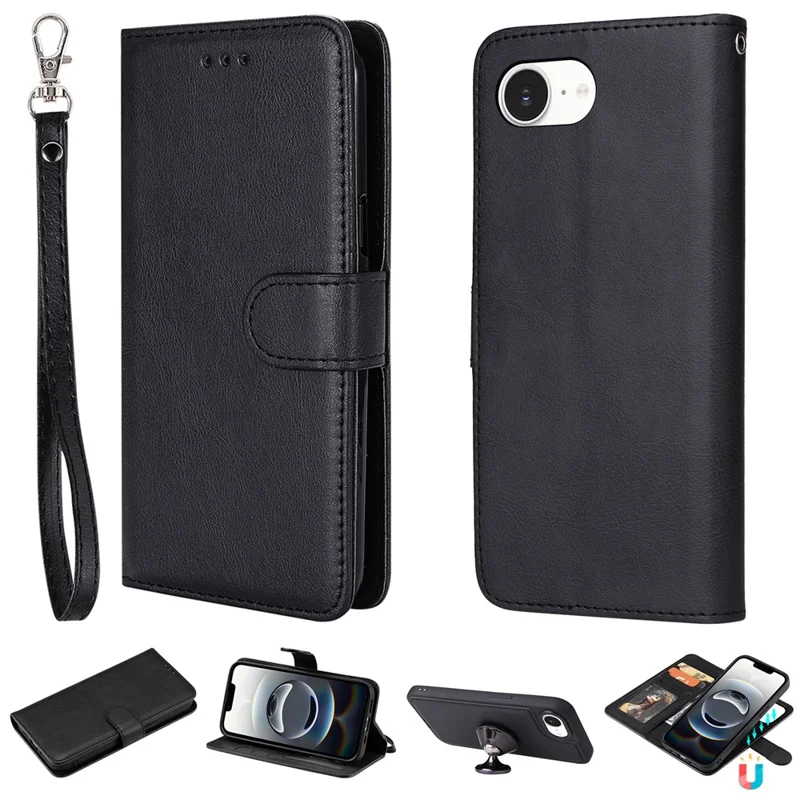 For iPhone 17e / 16e Case 2 in 1 Detachable Magnetic Leather Wallet Mobile Cover with Strap - Black - 1