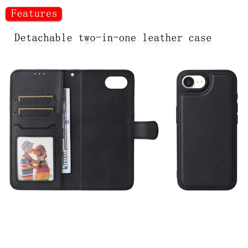For iPhone 17e / 16e Case 2 in 1 Detachable Magnetic Leather Wallet Mobile Cover with Strap - Black - 2