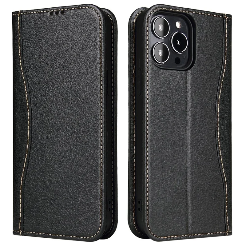 FIERRE SHANN Phone Case for iPhone 14 Pro, Top Layer Cowhide Leather Wallet Stand Shockproof Cell Phone Cover - Black - 1