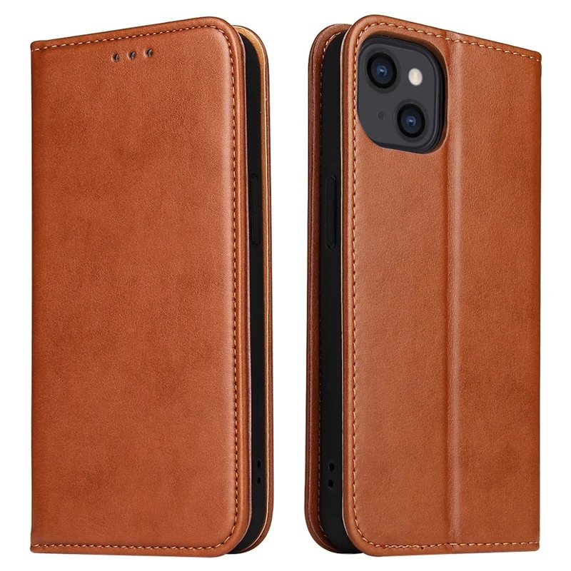 FIERRE SHANN Drop-proof Phone Cover for iPhone 14, Auto-absorbed Magnetic Closure PU Leather Phone Wallet Case - Brown - 1
