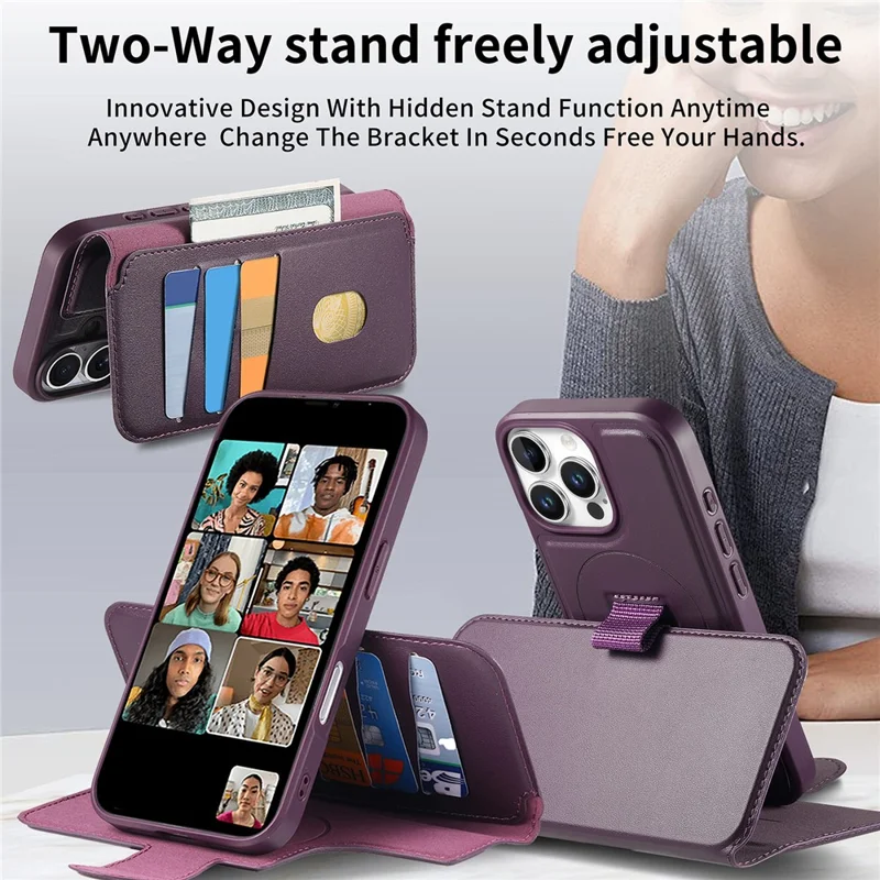 CASENEO For iPhone 16 Pro Magnetic Case RFID Blocking Wallet Detachable Leather Phone Cover with Wristband - Purple - 10