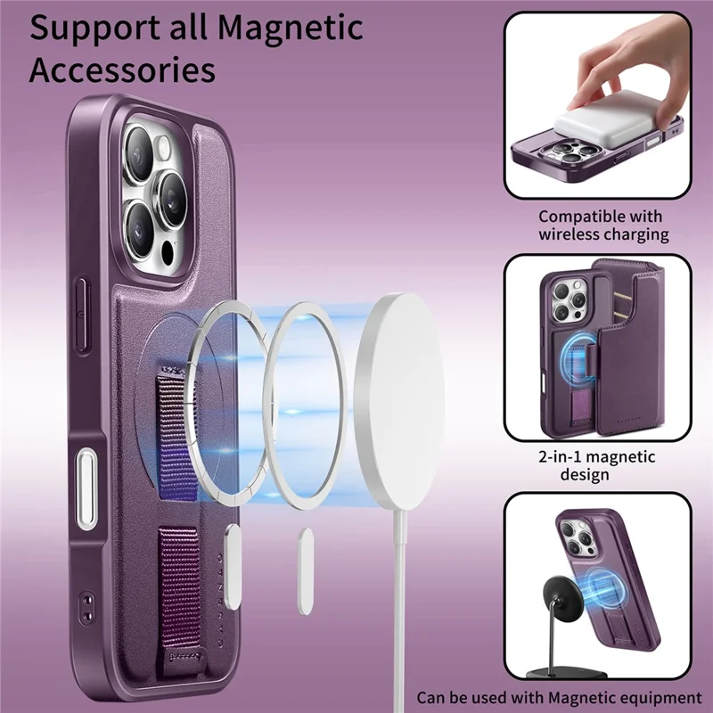 CASENEO For iPhone 16 Pro Magnetic Case RFID Blocking Wallet Detachable Leather Phone Cover with Wristband - Purple - 11