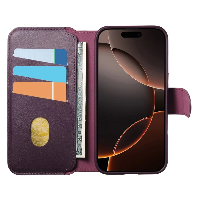 CASENEO For iPhone 16 Pro Magnetic Case RFID Blocking Wallet Detachable Leather Phone Cover with Wristband - Purple - 2