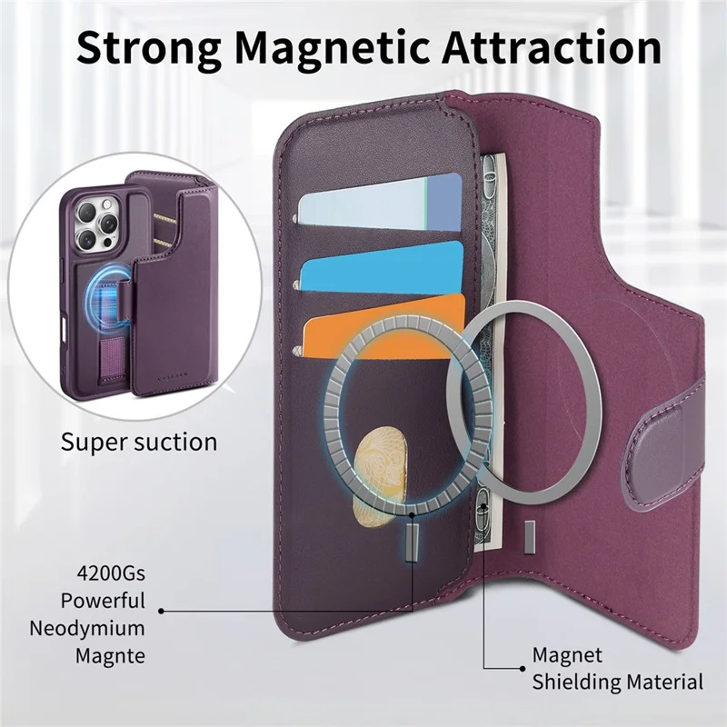 CASENEO For iPhone 16 Pro Magnetic Case RFID Blocking Wallet Detachable Leather Phone Cover with Wristband - Purple - 8