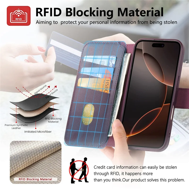 CASENEO For iPhone 16 Pro Magnetic Case RFID Blocking Wallet Detachable Leather Phone Cover with Wristband - Purple - 9