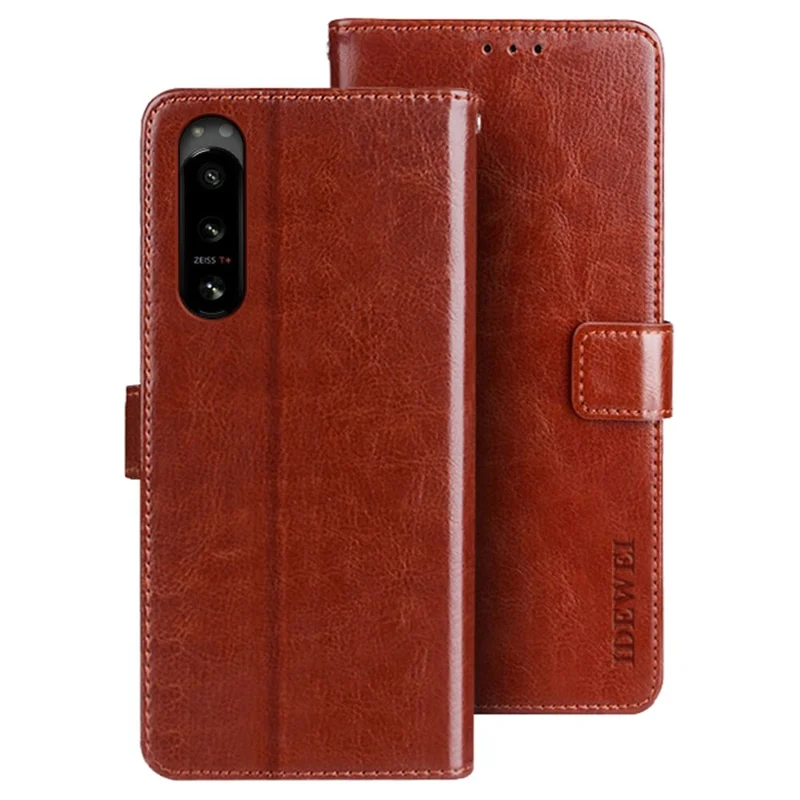 IDEWEI for Sony Xperia 5 IV 5G Crazy Horse Textured Phone Case Full Protection PU Leather Flip Cell Phone Cover with Wallet Stand - Brown - 1