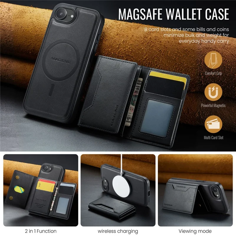 MAGKING K2 Series For iPhone 17e / 16e Case Compatible with MagSafe PC + TPU + PU Phone Cover - Black - 11