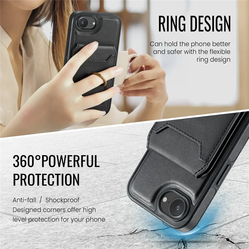 MAGKING K1 Series For iPhone 17e / 16e Magnetic Case PC + TPU + PU Phone Cover with Card Holder - Black - 12