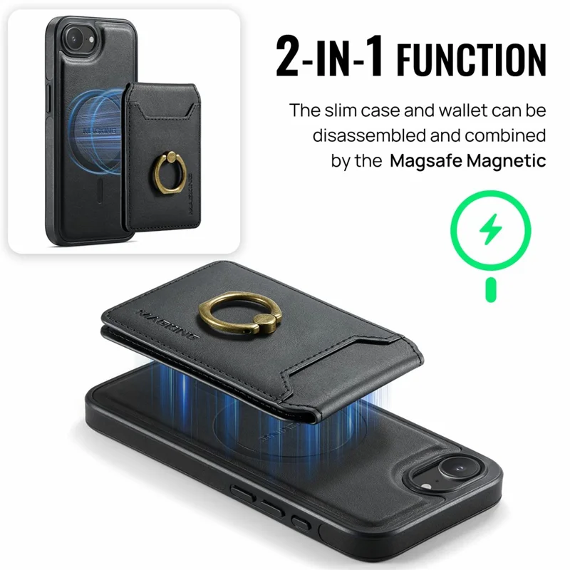 MAGKING K1 Series For iPhone 17e / 16e Magnetic Case PC + TPU + PU Phone Cover with Card Holder - Black - 9