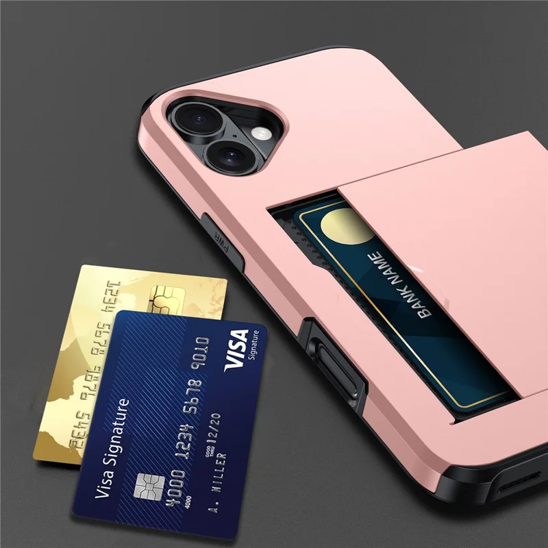 For iPhone 17 Case with Card Holder TPU + PC Phone Back Cover - Rose Gold - 4