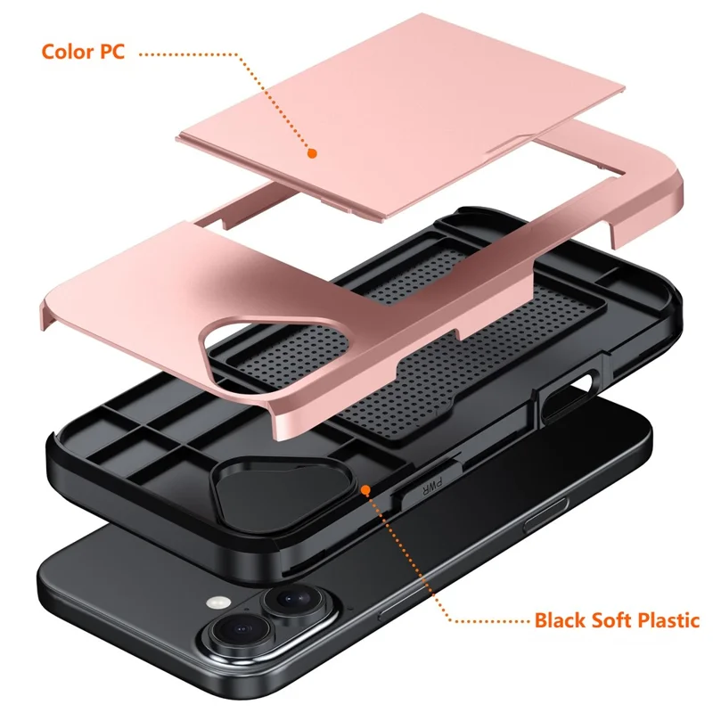 For iPhone 17 Case with Card Holder TPU + PC Phone Back Cover - Rose Gold - 6