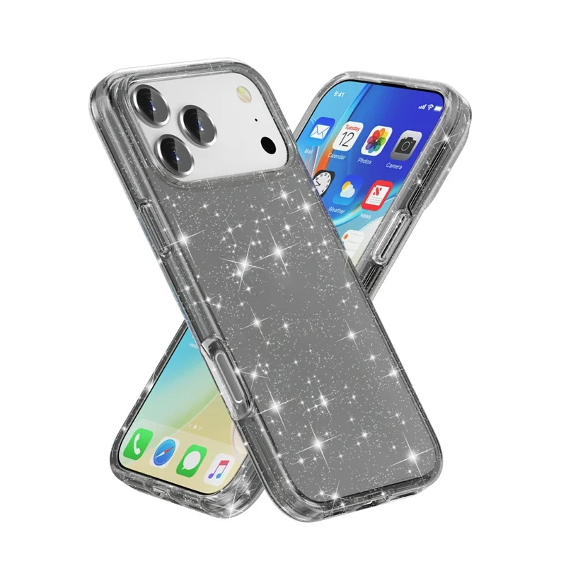 For iPhone 17 Pro Case Sparkly Powder Glitter Shiny Soft TPU + Hard PC Back Cover - Black - 2
