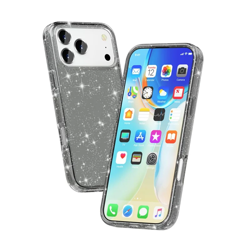 For iPhone 17 Pro Case Sparkly Powder Glitter Shiny Soft TPU + Hard PC Back Cover - Black - 3