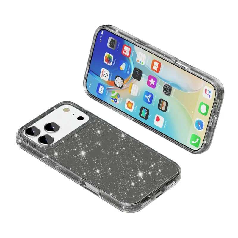 For iPhone 17 Pro Case Sparkly Powder Glitter Shiny Soft TPU + Hard PC Back Cover - Black - 4