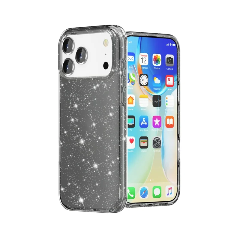 For iPhone 17 Pro Case Sparkly Powder Glitter Shiny Soft TPU + Hard PC Back Cover - Black - 5