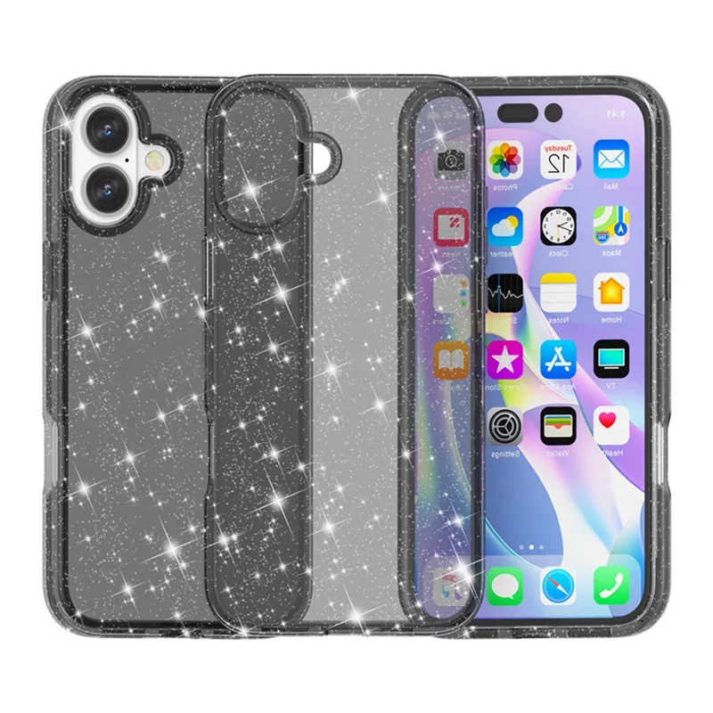 For iPhone 17 Case Sparkly Powder Glitter Shiny Soft TPU + Hard PC Back Cover - Black - 2