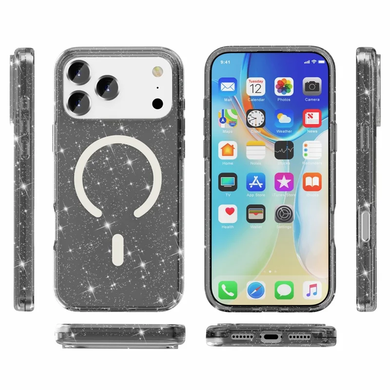 For iPhone 17 Pro Max Case Compatible with MagSafe Glitter Powder PC + TPU Phone Cover - Black - 9