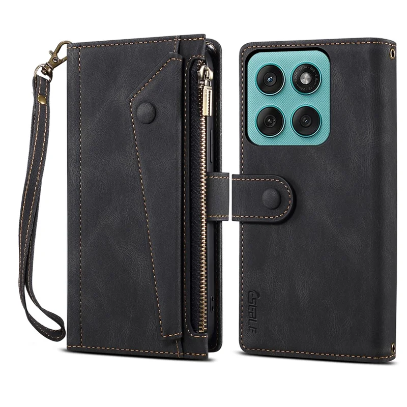 ESEBLE Star Series For Motorola Moto G56 5G Case Zipper Wallet Leather Stand Phone Cover with Wrist Strap - Black - 1