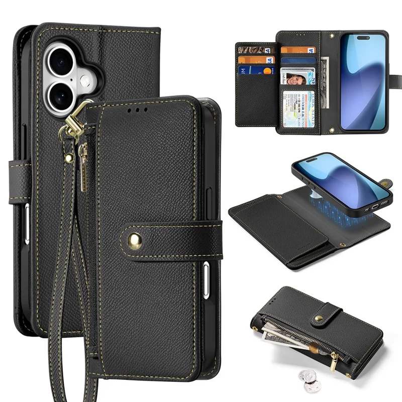 DUX DUCIS For iPhone 17 Case Lawa Series Detachable Magnetic Cowhide Leather Cover Zipper Wallet - Black - 1