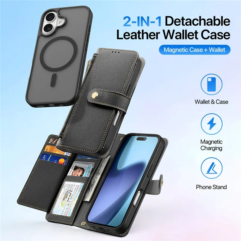 DUX DUCIS For iPhone 17 Case Lawa Series Detachable Magnetic Cowhide Leather Cover Zipper Wallet - Black - 3