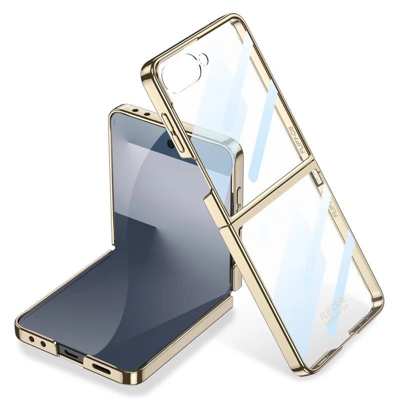 GKK For Samsung Galaxy Z Flip7 5G Case Electroplating Hard PC Tempered Glass Phone Cover with Screen Film - Champagne Gold - 1