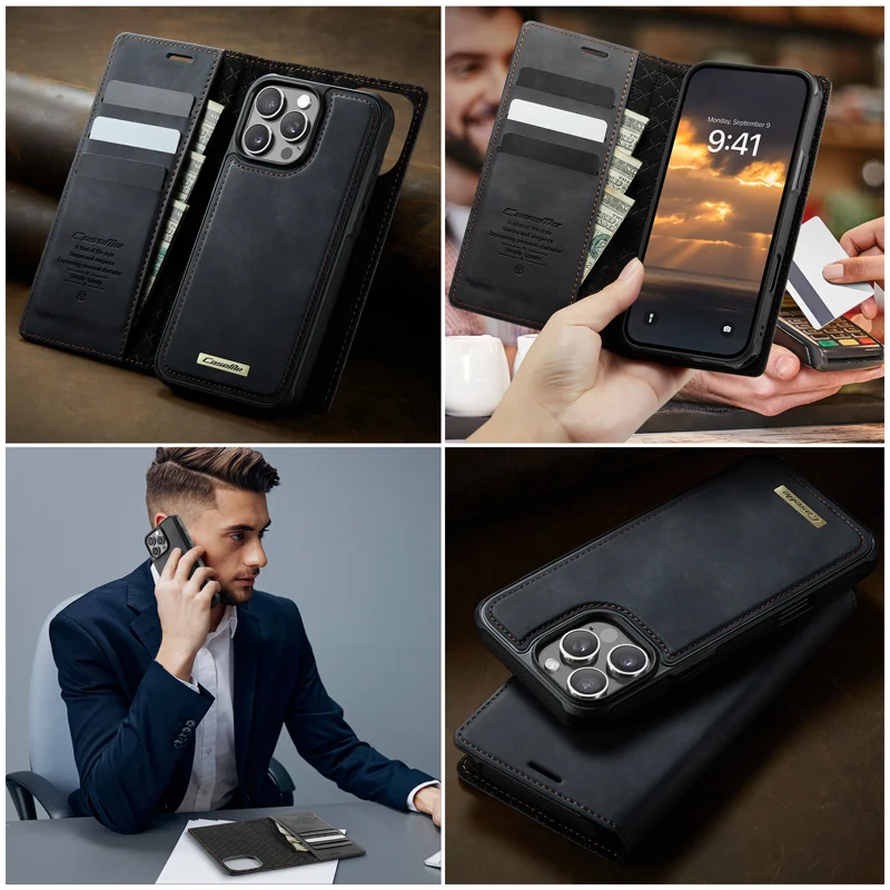 CASEME For iPhone 16 Pro Case C49 Compatible with MagSafe RFID Blocking Detachable Wallet Leather Phone Cover - Black - 12